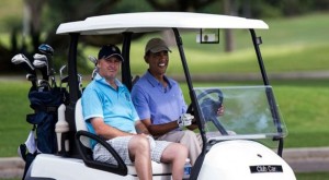 John Key forsætisráðherra Nýja-Sjálands og Barack Obama á golfvellinum