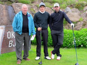 On the first tee Sunday morning June 29th hrs. 7:30 in the Semi Finals of the Icelandic Championship in Match Play. Left to right: Ágúst Húbertsson former manager of Golf Club Keilir (GK); Haraldur Franklín Magnús GR and Louisiana Lafayette and Kristján Þór Einarsson, GKJ current Icelandic Champion in Match Play. Photo: Golf 1