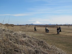 Golfer und der Schneebedeckte Vulkan Hekla, im Hintergrund. Foto: Golf 1